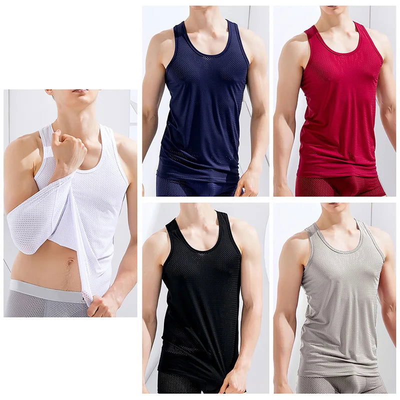 Summer Quick-Drying Thin Breathable Ice Silk Vest Men Tops Sport T Shirts Sleeveless Mesh Hole Tank Tops Gym Clothing Outer Wear - Slobuy