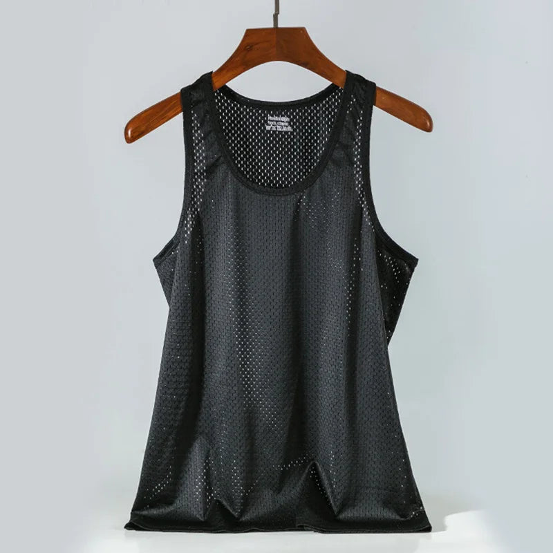 Summer Quick-Drying Thin Breathable Ice Silk Vest Men Tops Sport T Shirts Sleeveless Mesh Hole Tank Tops Gym Clothing Outer Wear - Slobuy