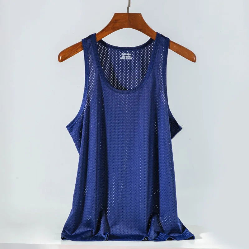 Summer Quick-Drying Thin Breathable Ice Silk Vest Men Tops Sport T Shirts Sleeveless Mesh Hole Tank Tops Gym Clothing Outer Wear - Slobuy