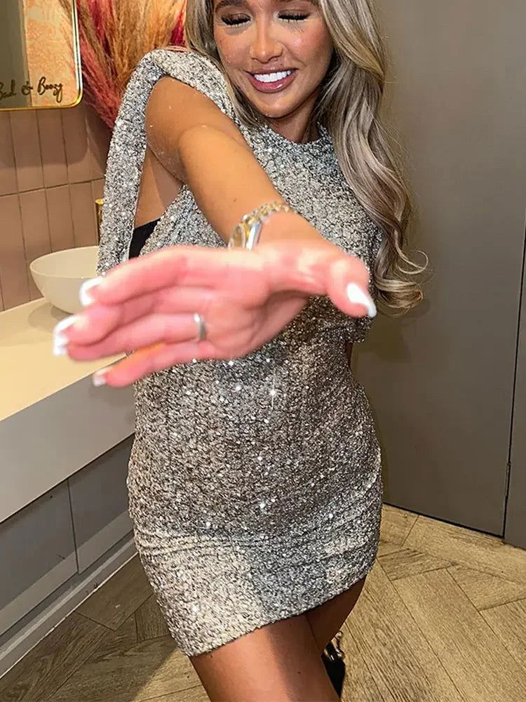 Summer Sequins Sliver Sparkling Patchwork Mini Dress Women 2024 O-neck Sleeveless Bodycon Dresses Lady Partywear Club Vestido - Slobuy
