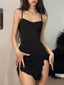Summer Sexy Mini Dress Women Sleeveless Strap Streetwear Backless Folds Bodycon Split Black Dress Party Elegant A-LINE Dresses - Slobuy