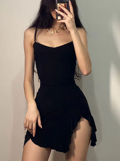 Summer Sexy Mini Dress Women Sleeveless Strap Streetwear Backless Folds Bodycon Split Black Dress Party Elegant A-LINE Dresses - Slobuy