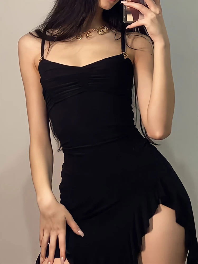 Summer Sexy Mini Dress Women Sleeveless Strap Streetwear Backless Folds Bodycon Split Black Dress Party Elegant A-LINE Dresses - Slobuy