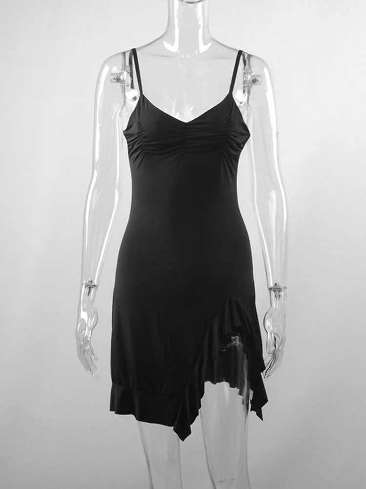 Summer Sexy Mini Dress Women Sleeveless Strap Streetwear Backless Folds Bodycon Split Black Dress Party Elegant A-LINE Dresses - Slobuy