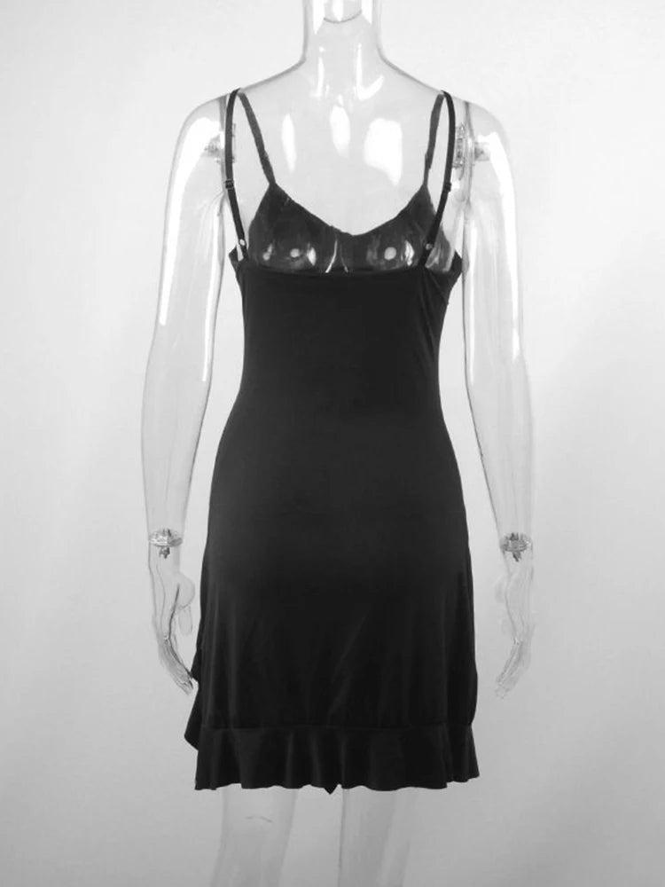 Summer Sexy Mini Dress Women Sleeveless Strap Streetwear Backless Folds Bodycon Split Black Dress Party Elegant A-LINE Dresses - Slobuy
