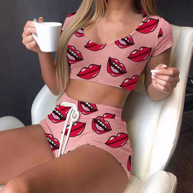 Summer Short Sexy Casual Lips Print Female Sleepwear Suit Pajamas 2pcs Top+Pants Skinng Women Homewear Underwear - Slobuy