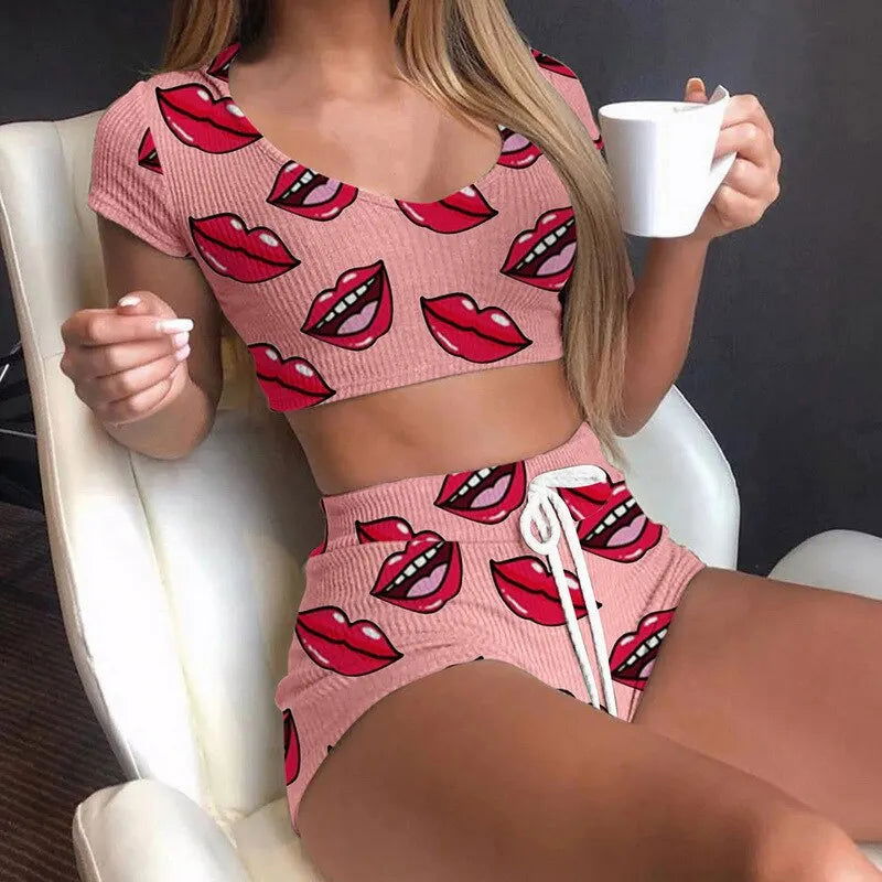 Summer Short Sexy Casual Lips Print Female Sleepwear Suit Pajamas 2pcs Top+Pants Skinng Women Homewear Underwear - Slobuy
