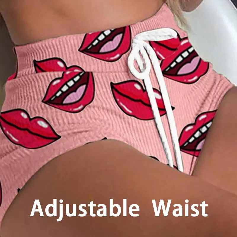 Summer Short Sexy Casual Lips Print Female Sleepwear Suit Pajamas 2pcs Top+Pants Skinng Women Homewear Underwear - Slobuy