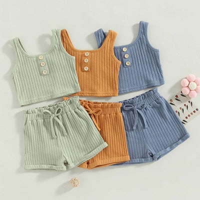 Summer Toddler Baby Girls Outfit Clothes Sets Solid Color Button Vest + Ribbed Drawstring Shorts Baby Children Clothing - Slobuy