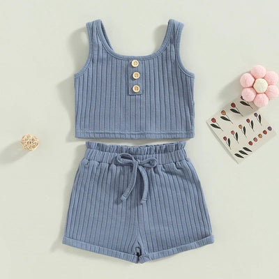 Summer Toddler Baby Girls Outfit Clothes Sets Solid Color Button Vest + Ribbed Drawstring Shorts Baby Children Clothing - Slobuy