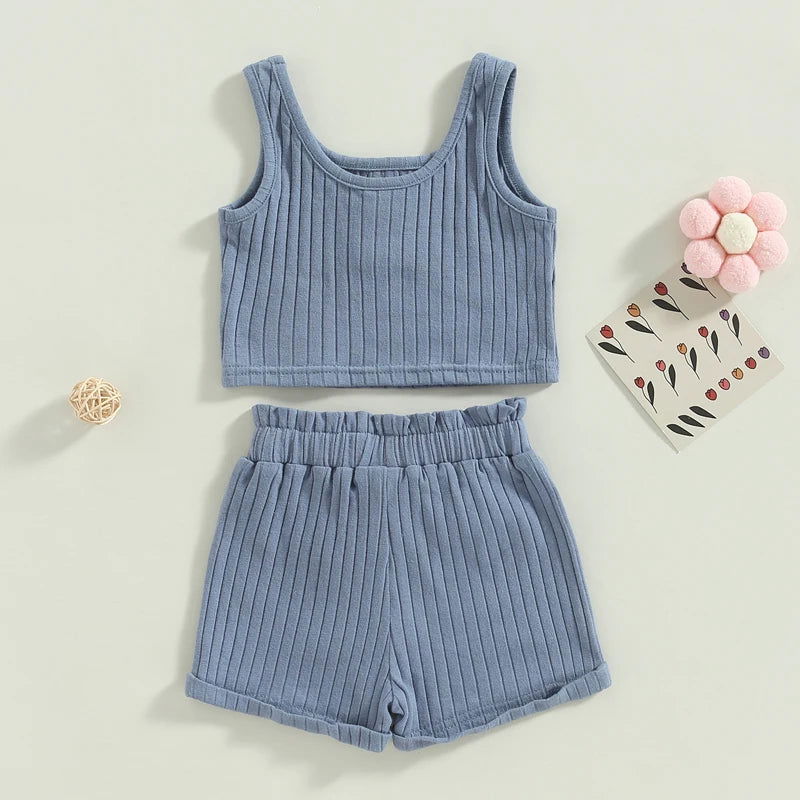 Summer Toddler Baby Girls Outfit Clothes Sets Solid Color Button Vest + Ribbed Drawstring Shorts Baby Children Clothing - Slobuy