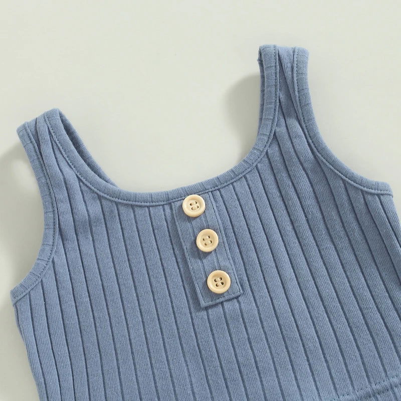 Summer Toddler Baby Girls Outfit Clothes Sets Solid Color Button Vest + Ribbed Drawstring Shorts Baby Children Clothing - Slobuy