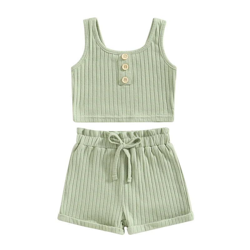 Summer Toddler Baby Girls Outfit Clothes Sets Solid Color Button Vest + Ribbed Drawstring Shorts Baby Children Clothing - Slobuy