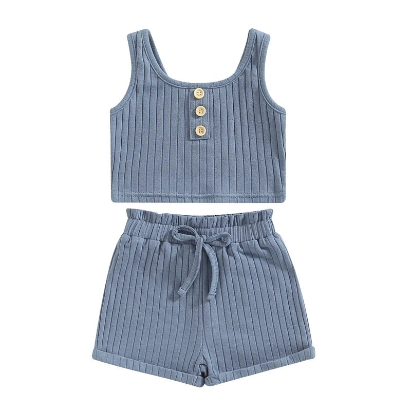 Summer Toddler Baby Girls Outfit Clothes Sets Solid Color Button Vest + Ribbed Drawstring Shorts Baby Children Clothing - Slobuy