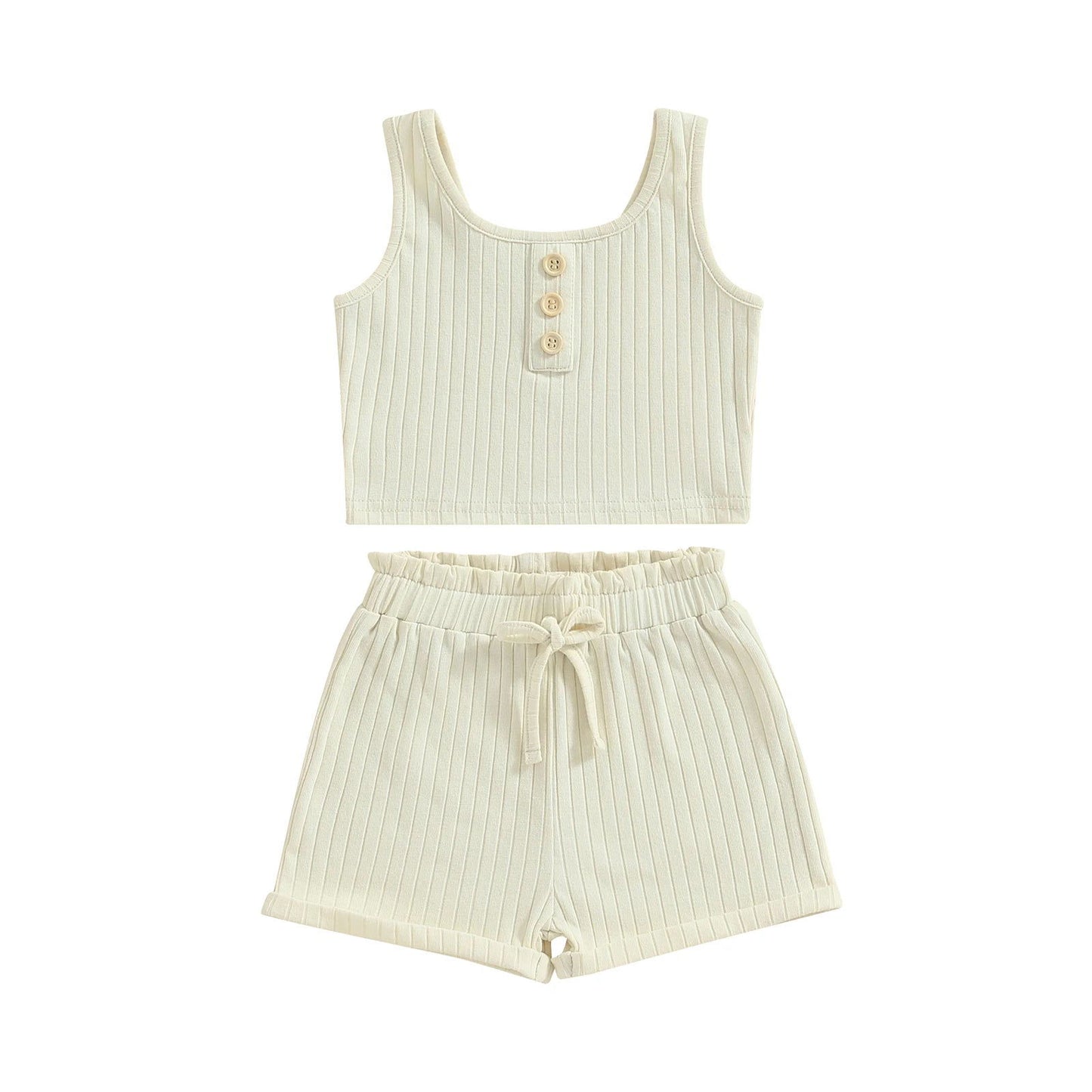 Summer Toddler Baby Girls Outfit Clothes Sets Solid Color Button Vest + Ribbed Drawstring Shorts Baby Children Clothing - Slobuy