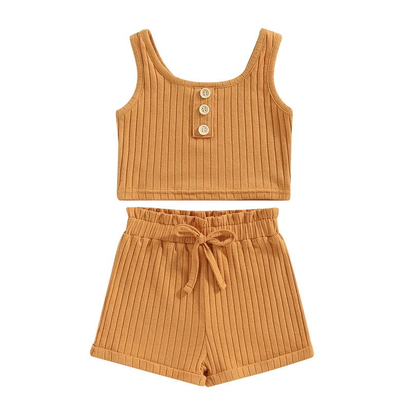 Summer Toddler Baby Girls Outfit Clothes Sets Solid Color Button Vest + Ribbed Drawstring Shorts Baby Children Clothing - Slobuy