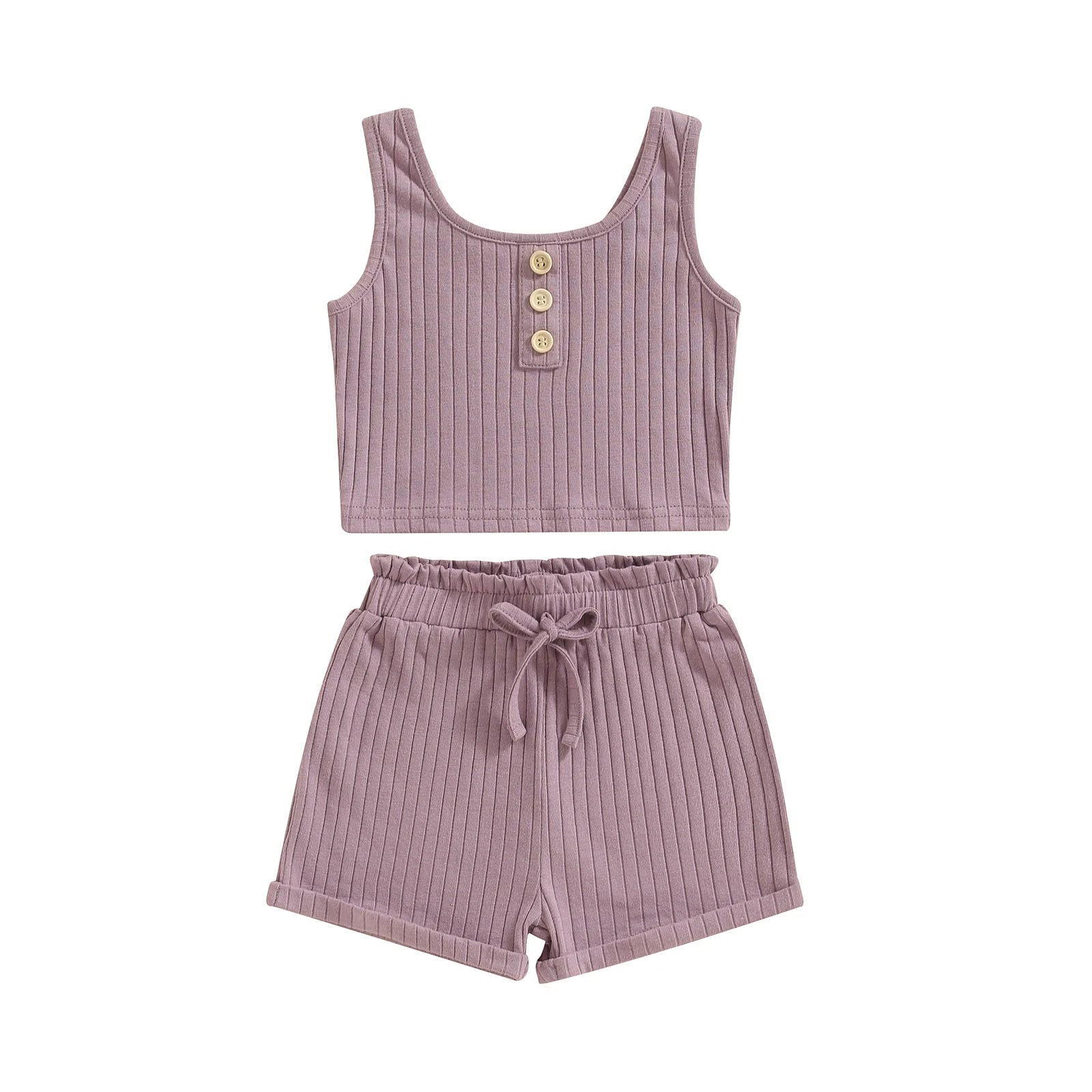 Summer Toddler Baby Girls Outfit Clothes Sets Solid Color Button Vest + Ribbed Drawstring Shorts Baby Children Clothing - Slobuy