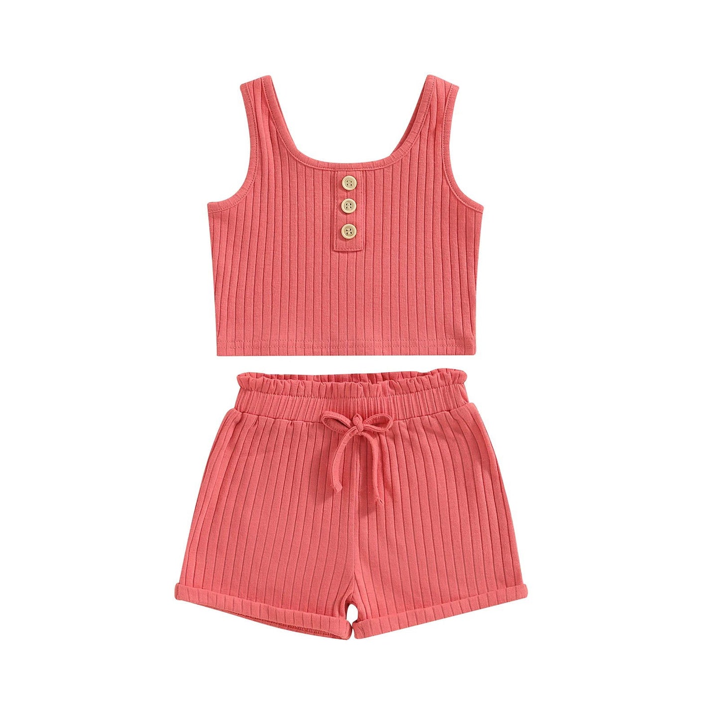 Summer Toddler Baby Girls Outfit Clothes Sets Solid Color Button Vest + Ribbed Drawstring Shorts Baby Children Clothing - Slobuy