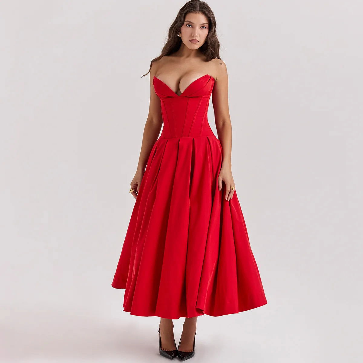 Suninheart Summer Formal Occasion Strapless Dress Sexy Elegant Fit and Flare Birthday Party Dresses Red Women's Clothing - Slobuy
