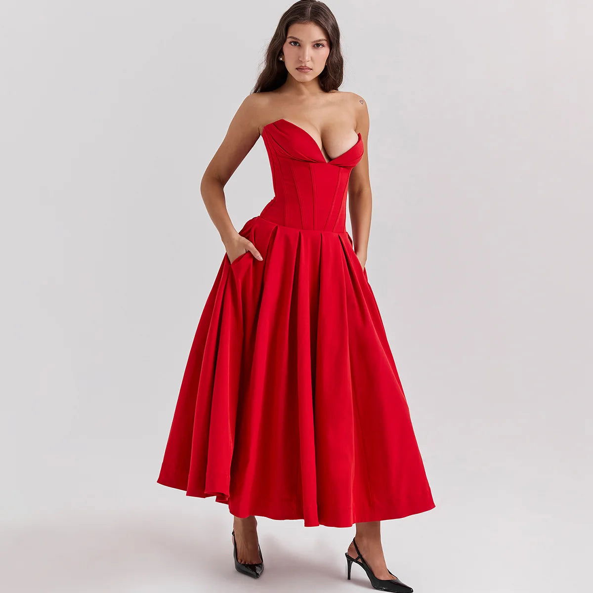 Suninheart Summer Formal Occasion Strapless Dress Sexy Elegant Fit and Flare Birthday Party Dresses Red Women's Clothing - Slobuy