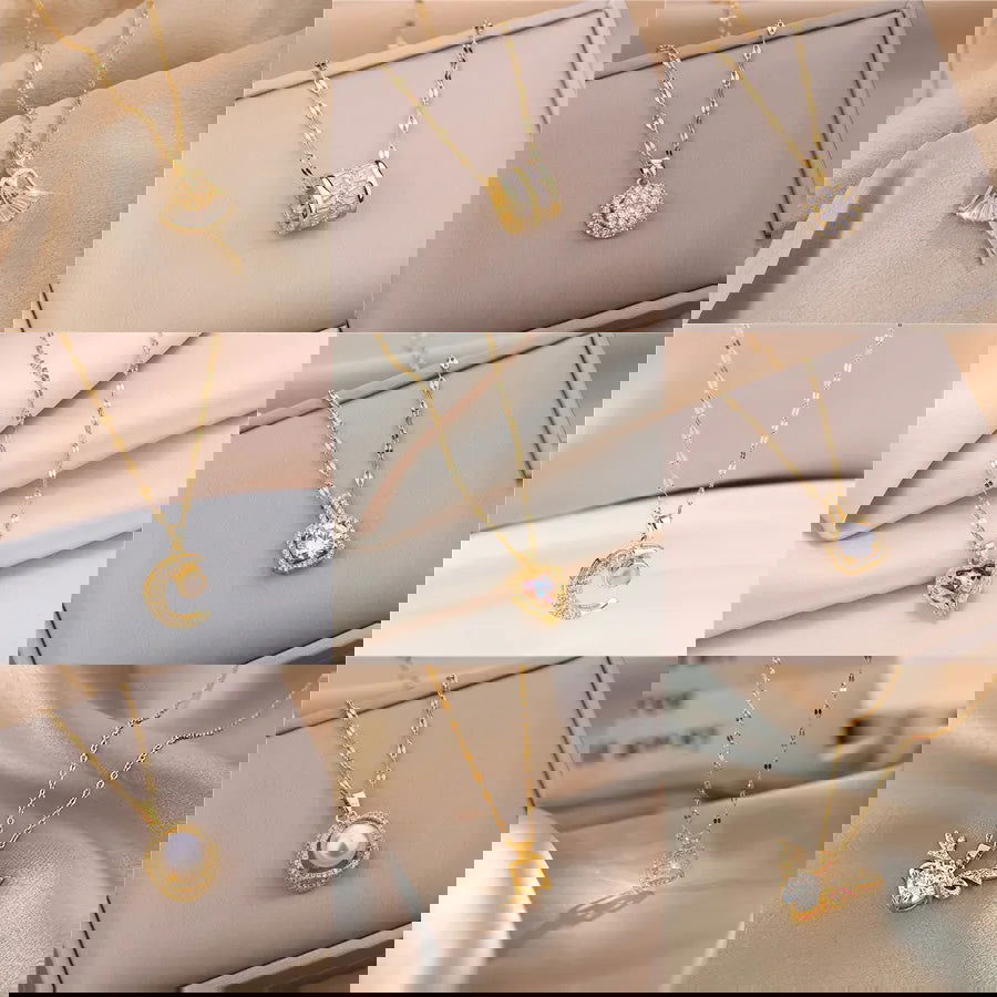 Sweet Zircon Crystal Pendant Necklace For Women Korean Fashion Stainless Steel Clavicle Chain Jewelry Female Wedding Accessories - Slobuy