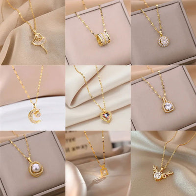 Sweet Zircon Crystal Pendant Necklace For Women Korean Fashion Stainless Steel Clavicle Chain Jewelry Female Wedding Accessories - Slobuy