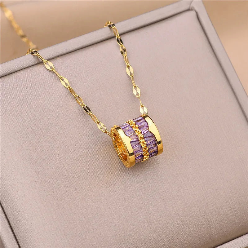 Sweet Zircon Crystal Pendant Necklace For Women Korean Fashion Stainless Steel Clavicle Chain Jewelry Female Wedding Accessories - Slobuy