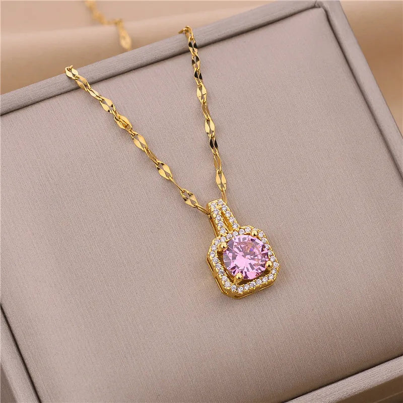Sweet Zircon Crystal Pendant Necklace For Women Korean Fashion Stainless Steel Clavicle Chain Jewelry Female Wedding Accessories - Slobuy