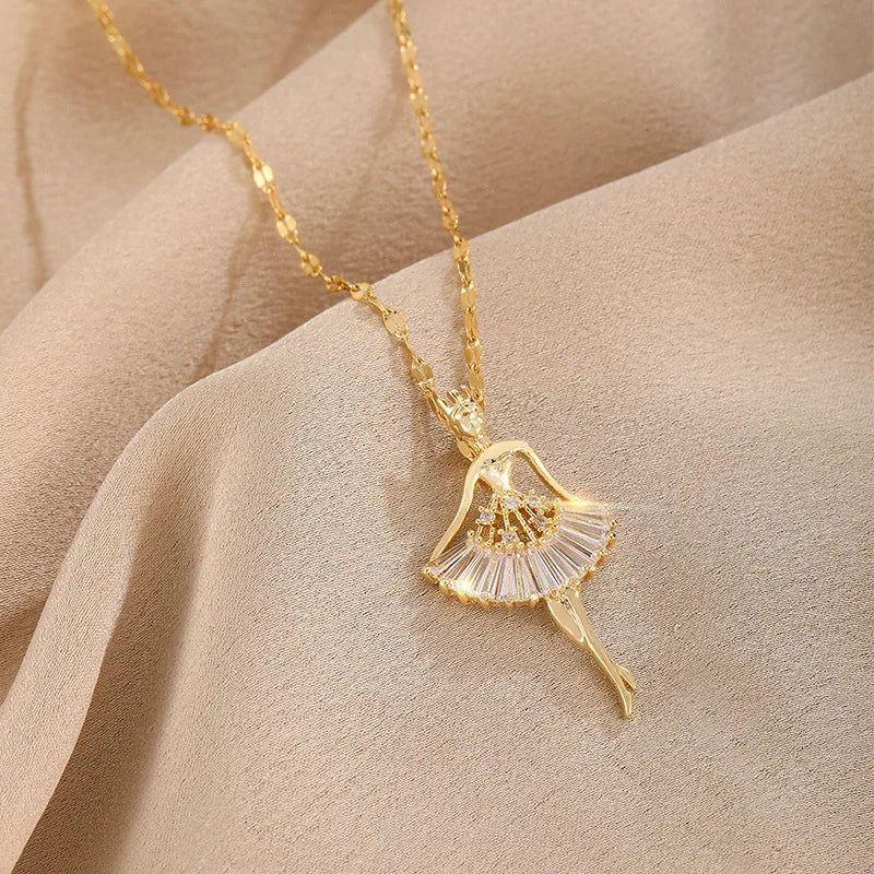 Sweet Zircon Crystal Pendant Necklace For Women Korean Fashion Stainless Steel Clavicle Chain Jewelry Female Wedding Accessories - Slobuy