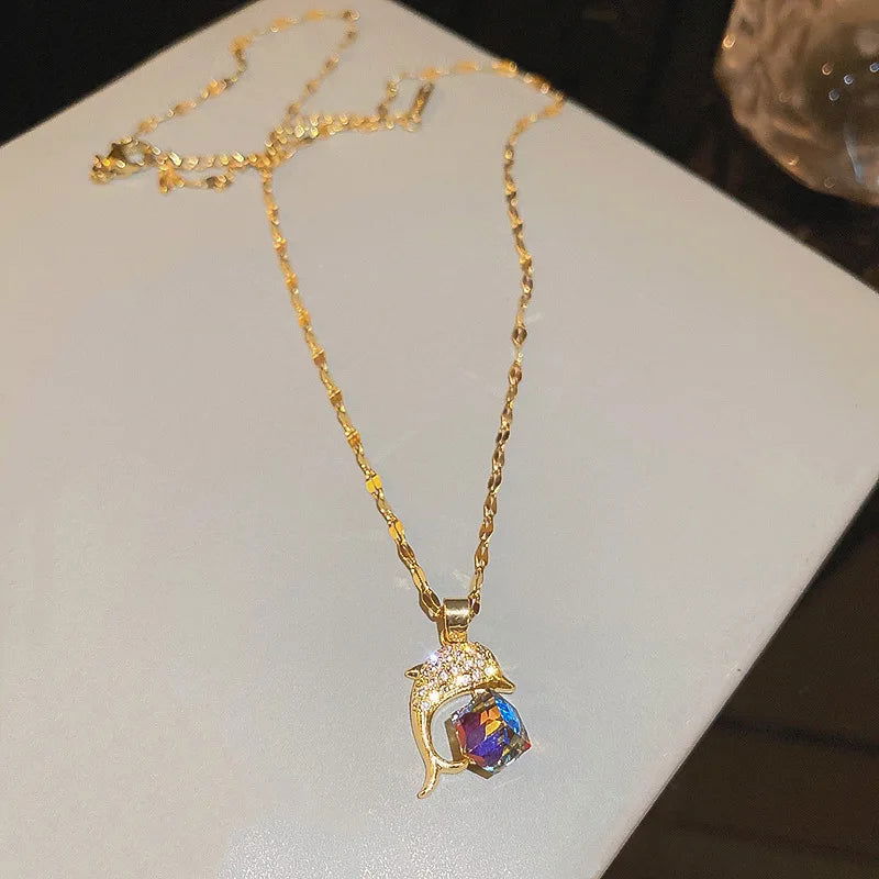 Sweet Zircon Crystal Pendant Necklace For Women Korean Fashion Stainless Steel Clavicle Chain Jewelry Female Wedding Accessories - Slobuy