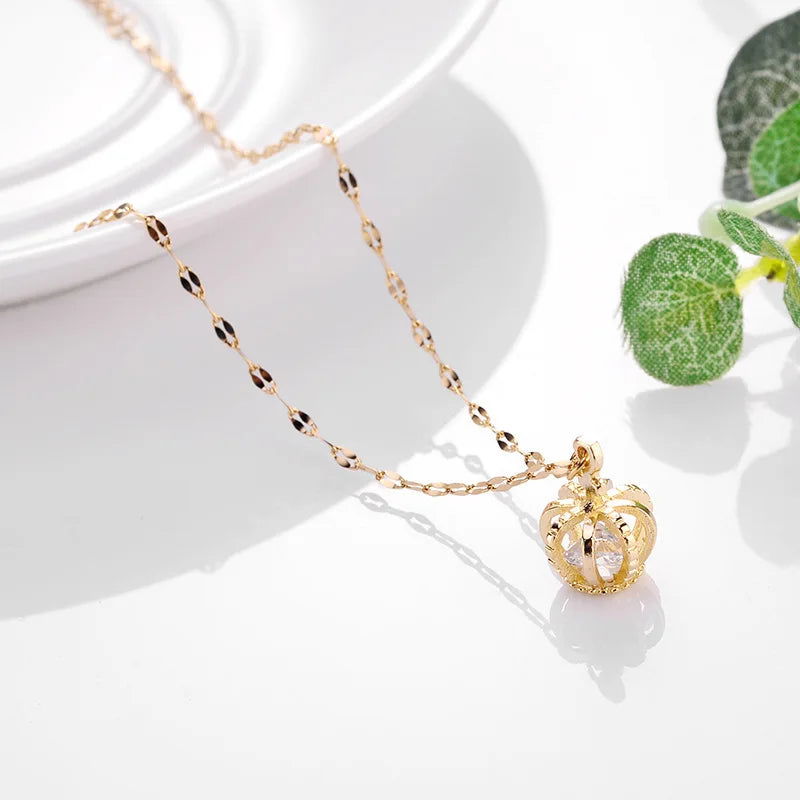 Sweet Zircon Crystal Pendant Necklace For Women Korean Fashion Stainless Steel Clavicle Chain Jewelry Female Wedding Accessories - Slobuy