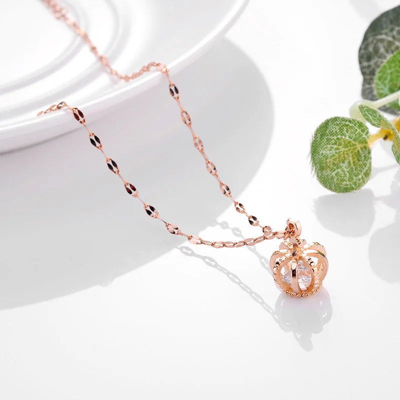Sweet Zircon Crystal Pendant Necklace For Women Korean Fashion Stainless Steel Clavicle Chain Jewelry Female Wedding Accessories - Slobuy