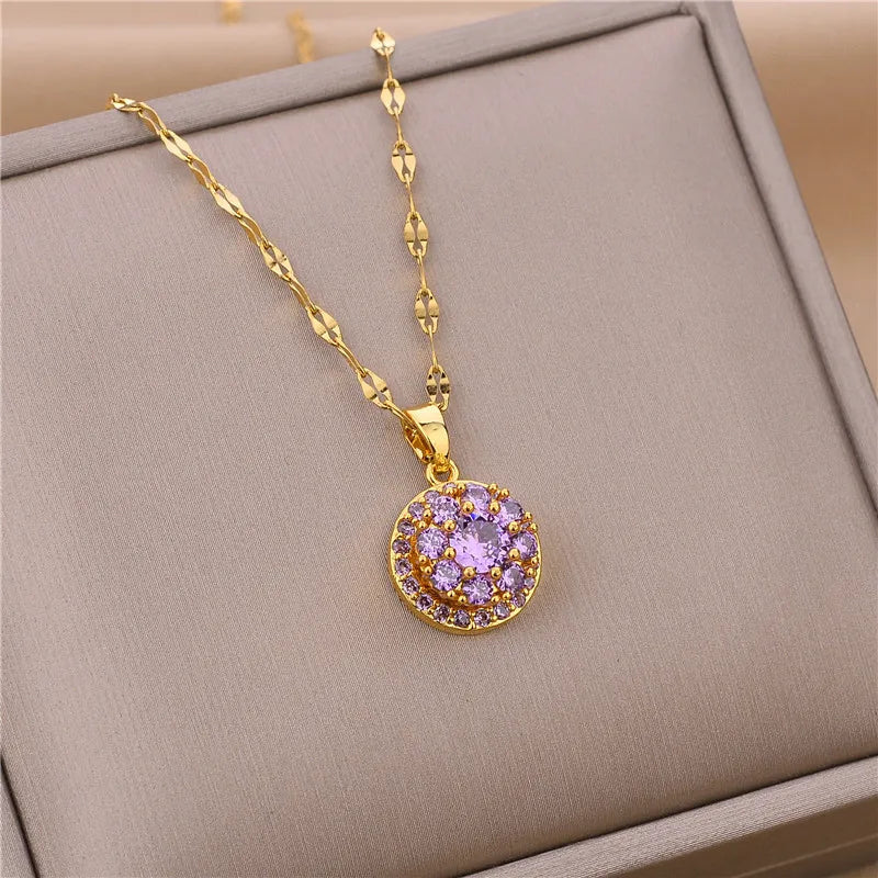 Sweet Zircon Crystal Pendant Necklace For Women Korean Fashion Stainless Steel Clavicle Chain Jewelry Female Wedding Accessories - Slobuy