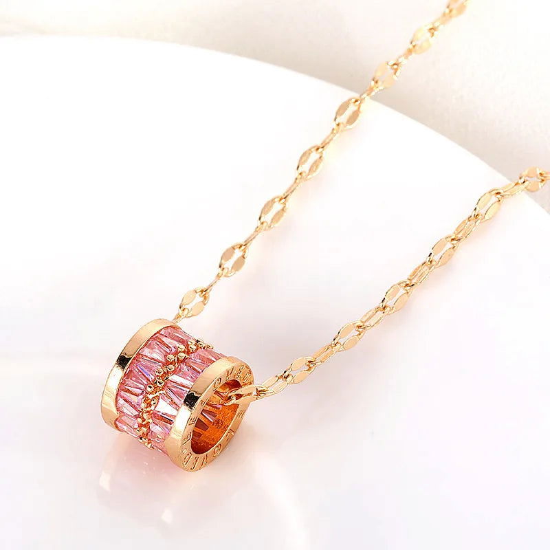 Sweet Zircon Crystal Pendant Necklace For Women Korean Fashion Stainless Steel Clavicle Chain Jewelry Female Wedding Accessories - Slobuy
