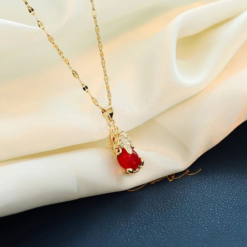 Sweet Zircon Crystal Pendant Necklace For Women Korean Fashion Stainless Steel Clavicle Chain Jewelry Female Wedding Accessories - Slobuy