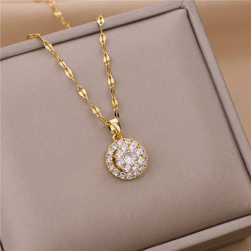 Sweet Zircon Crystal Pendant Necklace For Women Korean Fashion Stainless Steel Clavicle Chain Jewelry Female Wedding Accessories - Slobuy