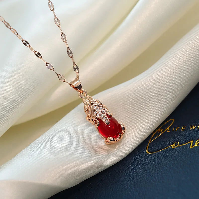 Sweet Zircon Crystal Pendant Necklace For Women Korean Fashion Stainless Steel Clavicle Chain Jewelry Female Wedding Accessories - Slobuy