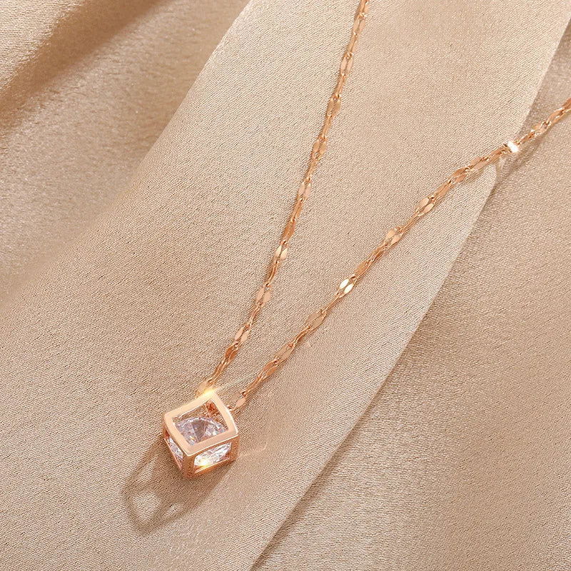 Sweet Zircon Crystal Pendant Necklace For Women Korean Fashion Stainless Steel Clavicle Chain Jewelry Female Wedding Accessories - Slobuy