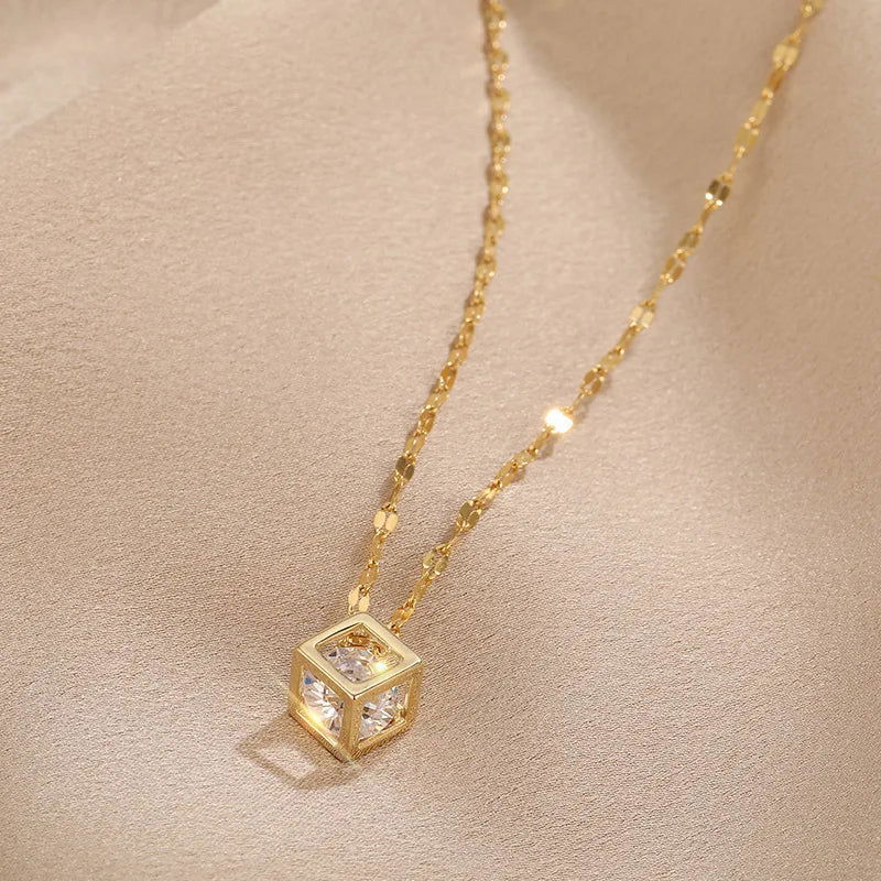 Sweet Zircon Crystal Pendant Necklace For Women Korean Fashion Stainless Steel Clavicle Chain Jewelry Female Wedding Accessories - Slobuy