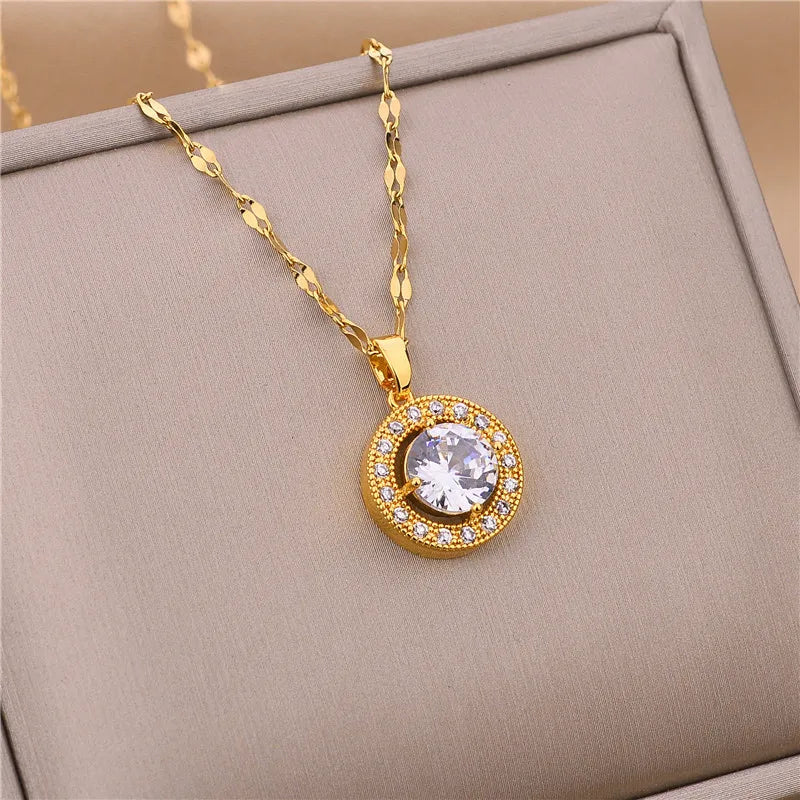 Sweet Zircon Crystal Pendant Necklace For Women Korean Fashion Stainless Steel Clavicle Chain Jewelry Female Wedding Accessories - Slobuy
