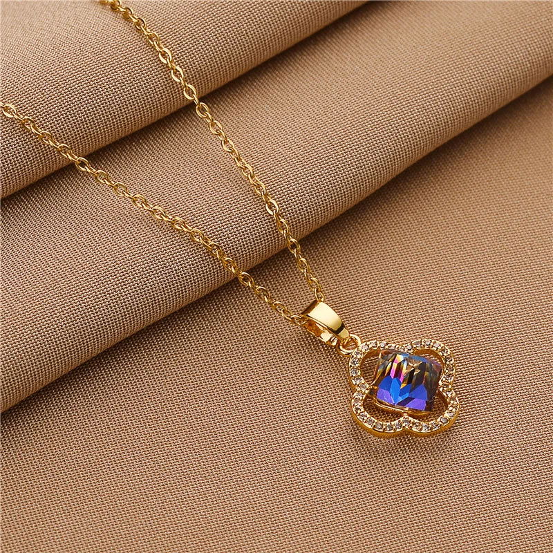 Sweet Zircon Crystal Pendant Necklace For Women Korean Fashion Stainless Steel Clavicle Chain Jewelry Female Wedding Accessories - Slobuy