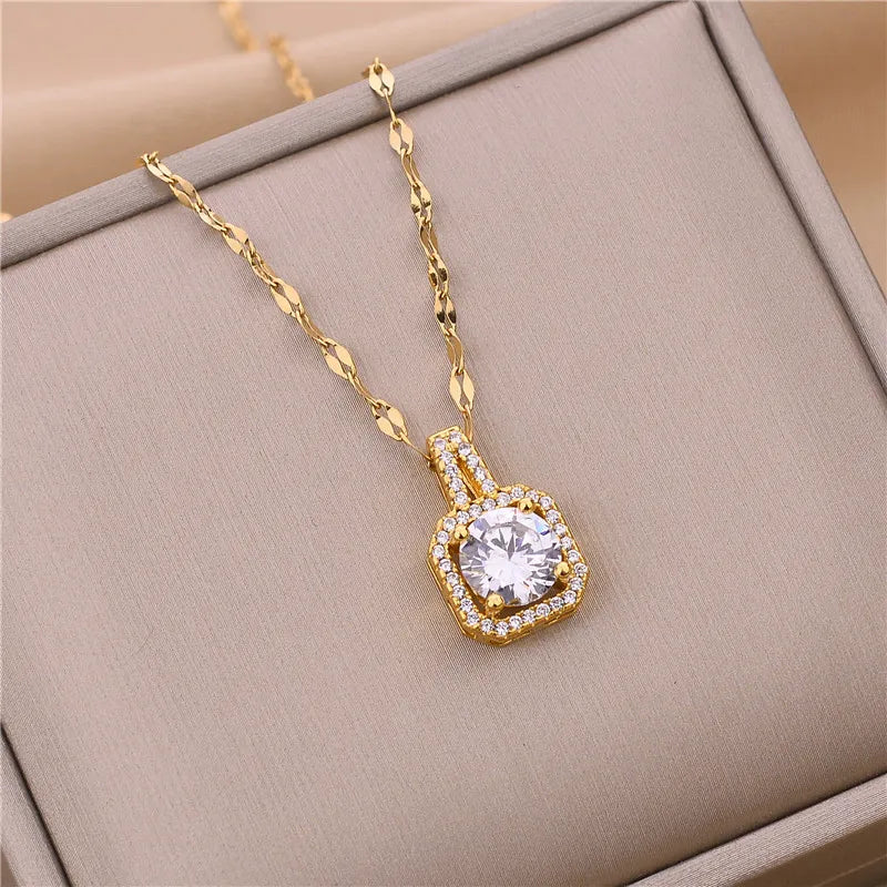 Sweet Zircon Crystal Pendant Necklace For Women Korean Fashion Stainless Steel Clavicle Chain Jewelry Female Wedding Accessories - Slobuy