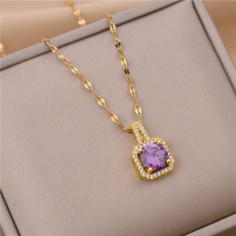 Sweet Zircon Crystal Pendant Necklace For Women Korean Fashion Stainless Steel Clavicle Chain Jewelry Female Wedding Accessories - Slobuy