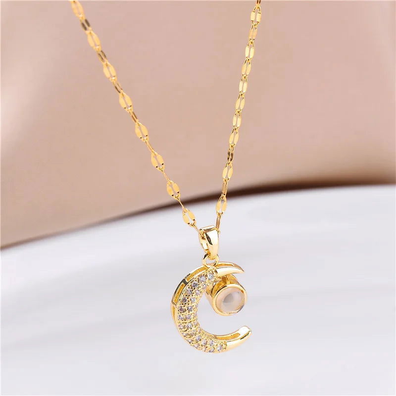 Sweet Zircon Crystal Pendant Necklace For Women Korean Fashion Stainless Steel Clavicle Chain Jewelry Female Wedding Accessories - Slobuy