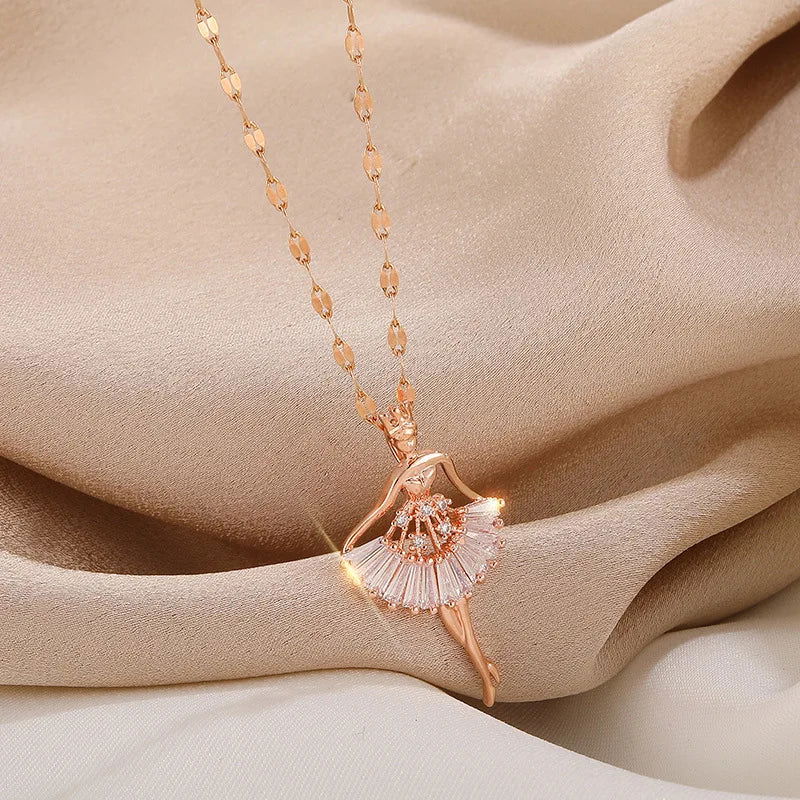 Sweet Zircon Crystal Pendant Necklace For Women Korean Fashion Stainless Steel Clavicle Chain Jewelry Female Wedding Accessories - Slobuy