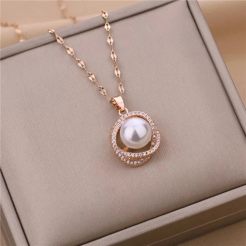 Sweet Zircon Crystal Pendant Necklace For Women Korean Fashion Stainless Steel Clavicle Chain Jewelry Female Wedding Accessories - Slobuy