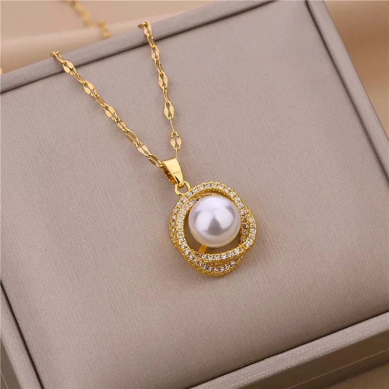 Sweet Zircon Crystal Pendant Necklace For Women Korean Fashion Stainless Steel Clavicle Chain Jewelry Female Wedding Accessories - Slobuy