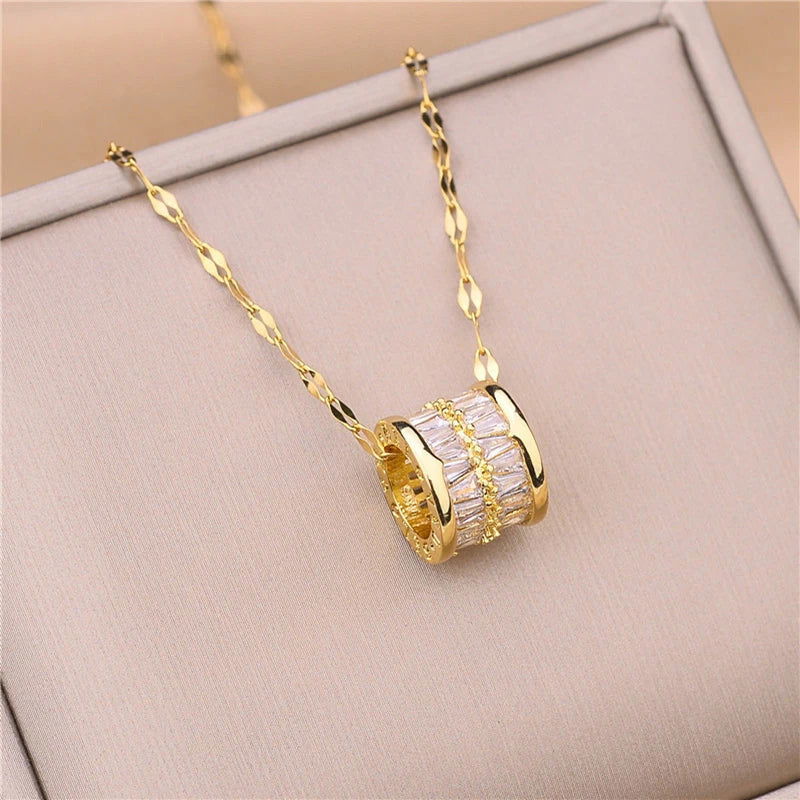Sweet Zircon Crystal Pendant Necklace For Women Korean Fashion Stainless Steel Clavicle Chain Jewelry Female Wedding Accessories - Slobuy