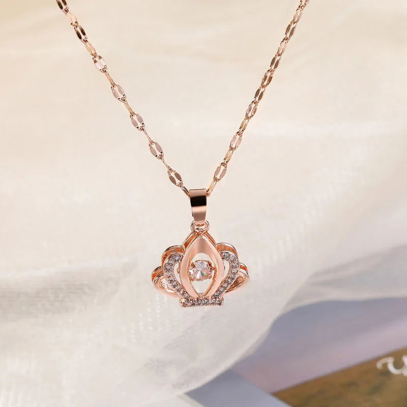 Sweet Zircon Crystal Pendant Necklace For Women Korean Fashion Stainless Steel Clavicle Chain Jewelry Female Wedding Accessories - Slobuy