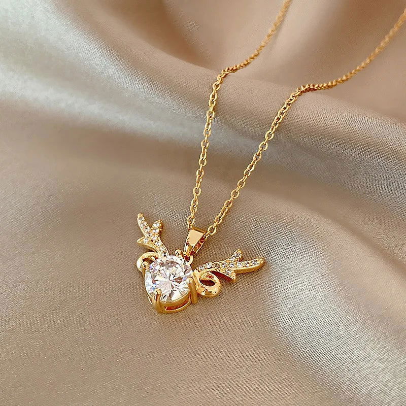 Sweet Zircon Crystal Pendant Necklace For Women Korean Fashion Stainless Steel Clavicle Chain Jewelry Female Wedding Accessories - Slobuy